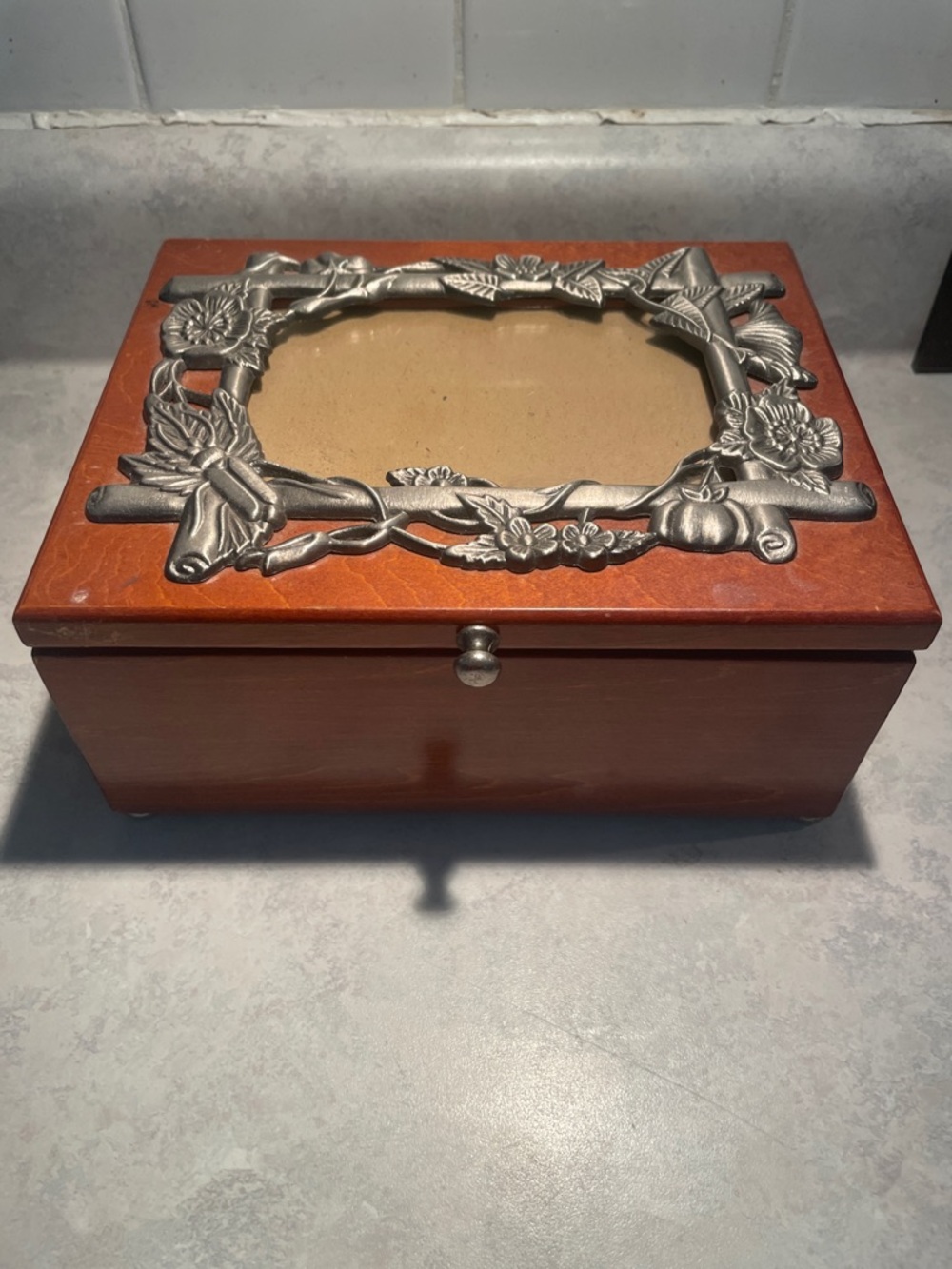 Wood Jewelry Box with Floral Pewter Frame